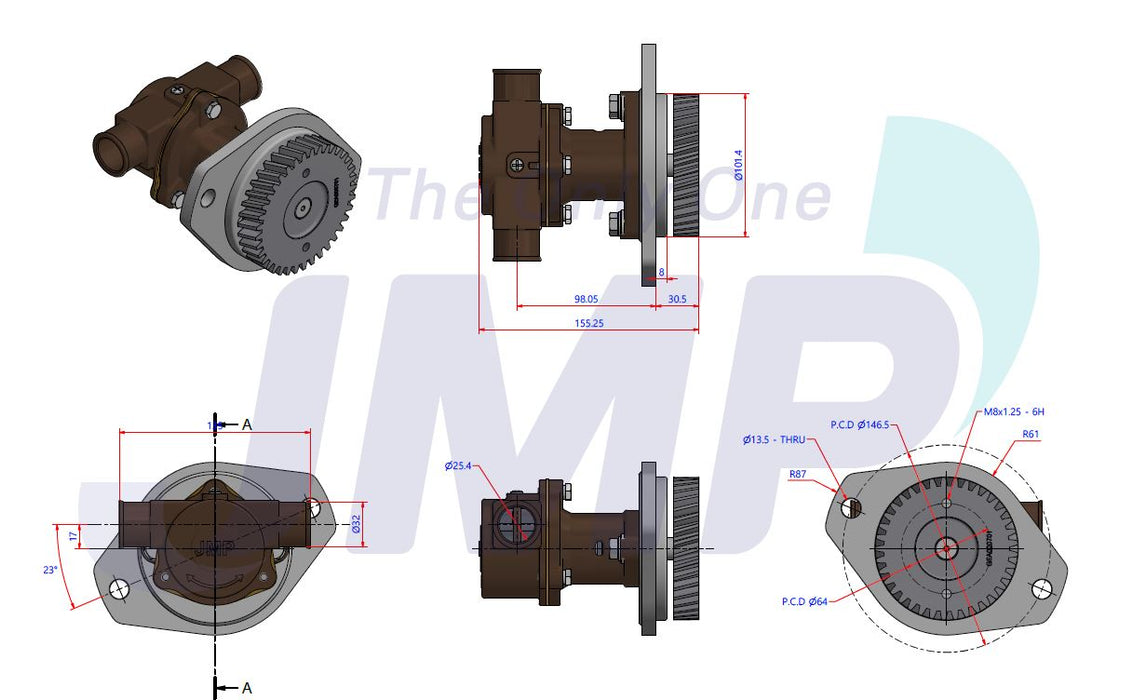 Cummins Seawater Pump JPR-C1025, Cummins 3912019 replacement for 4B/T3.9, 6B/T5.9