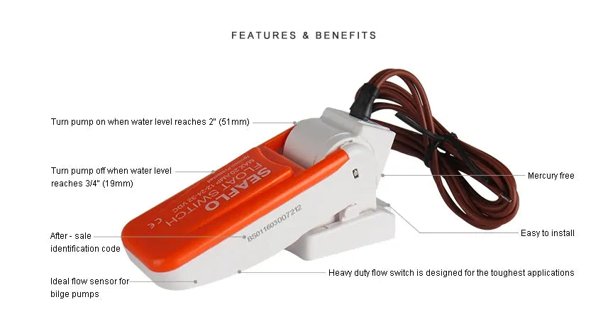 Seaflo Float Switch 20 Amp SFBS-20-01 For Marine Pump Control