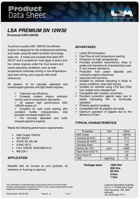 SN 10w/30 Premium Australian Engine Oil