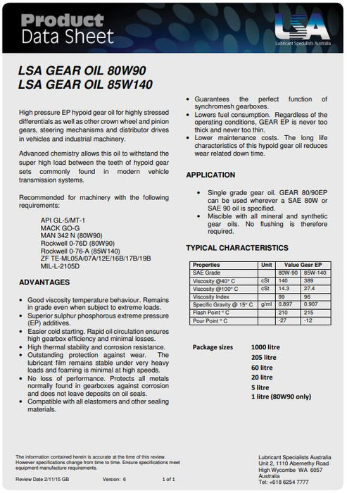 SN 80w90 Premium Australian Gear Oil 1 Litre LSA